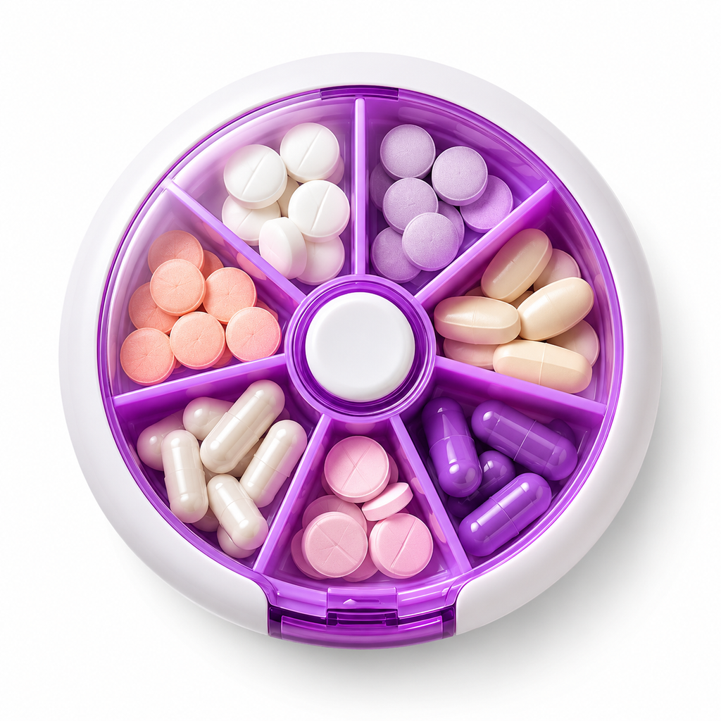 Porta Comprimidos com 7 Compartimentos Giratório | Roxo
