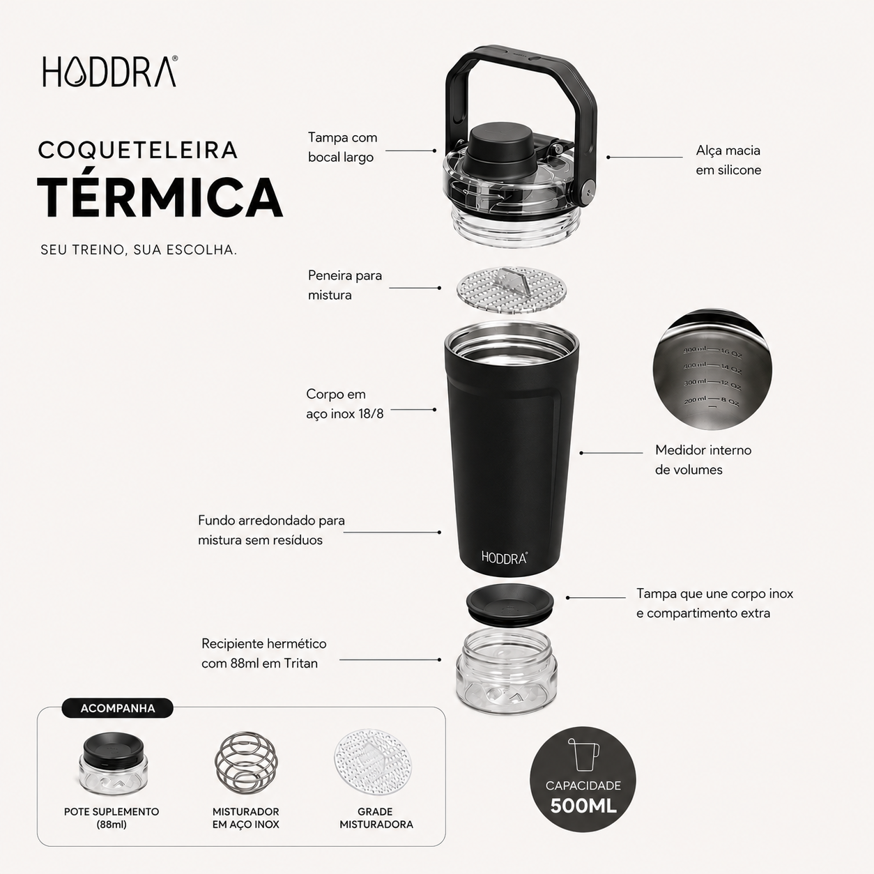 Coqueteleira Térmica Hiddra Element 600ml - HC720 Preto
