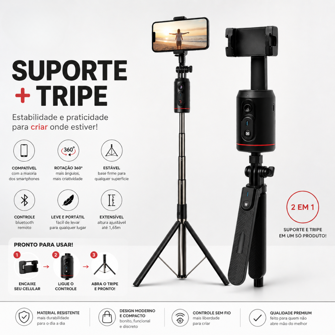Tripé para Celular Inteligente de 1.60m com Rotação 360° e Rastreamento Facial