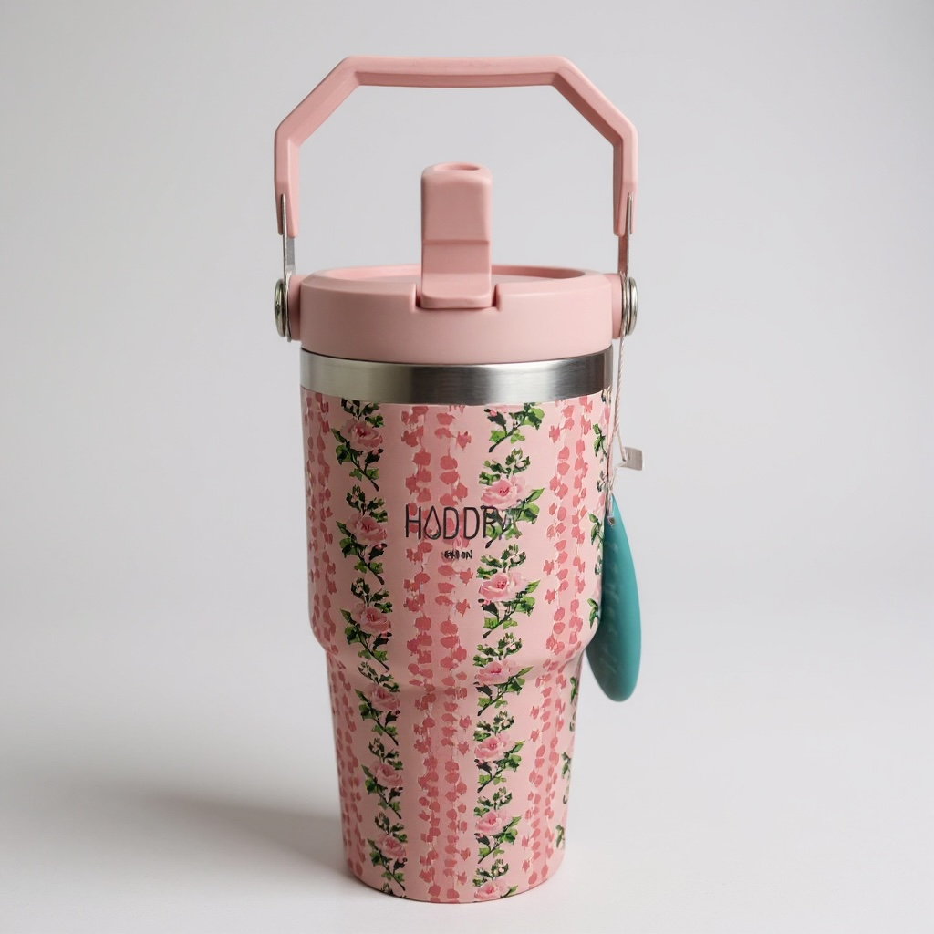 Copo Térmico Hiddra 600ml com Alça e Canudo - Rosa Flor