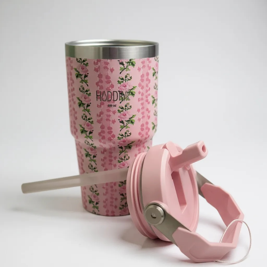 Copo Térmico Hiddra 600ml com Alça e Canudo - Rosa Flor