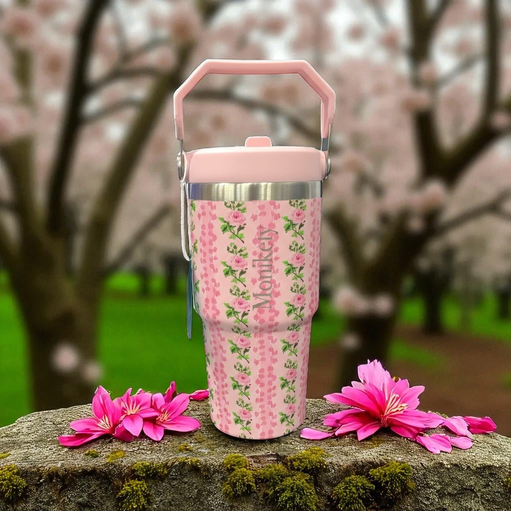 Copo Térmico Hiddra 600ml com Alça e Canudo - Rosa Flor