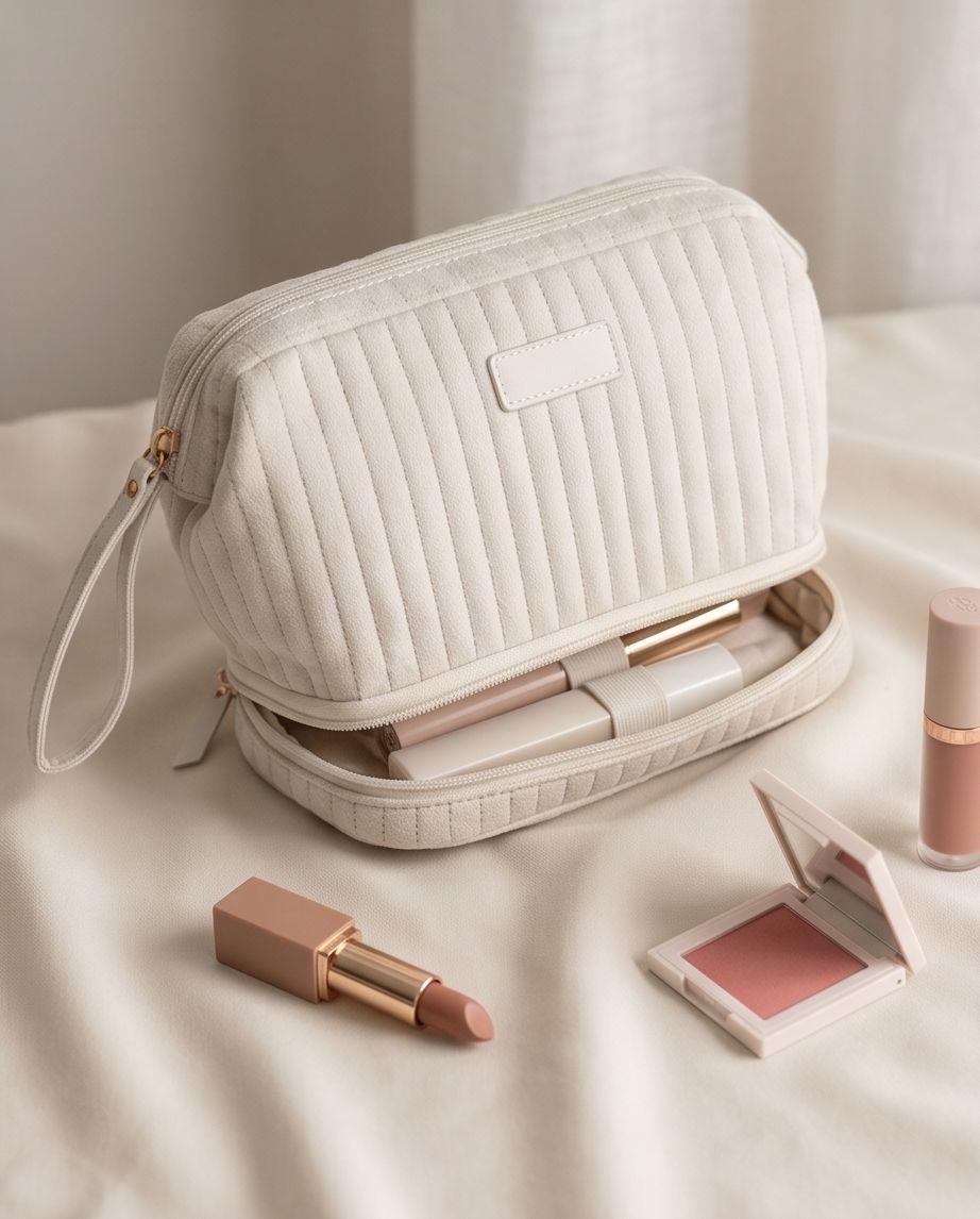 Necessaire Aveludada Matelassê 2 Bolsos com Zíper | Creme