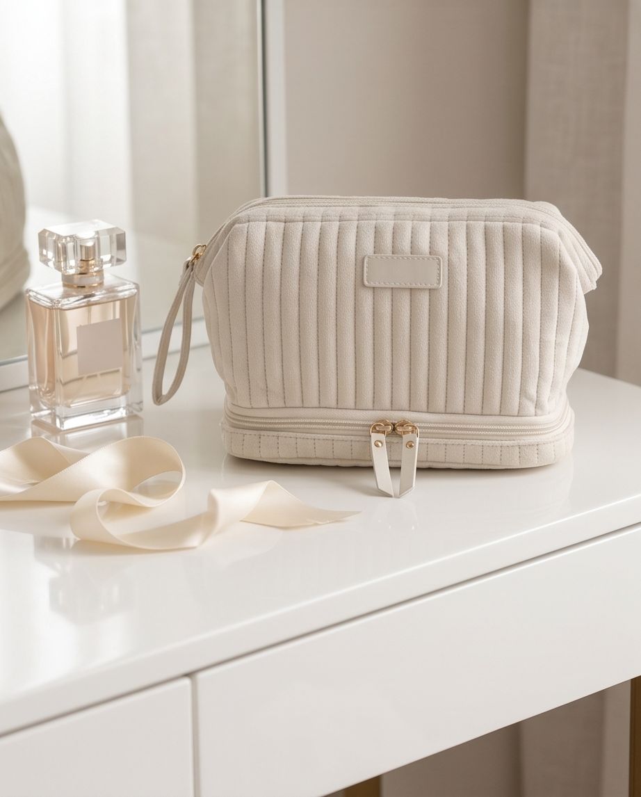 Necessaire Aveludada Matelassê 2 Bolsos com Zíper | Creme