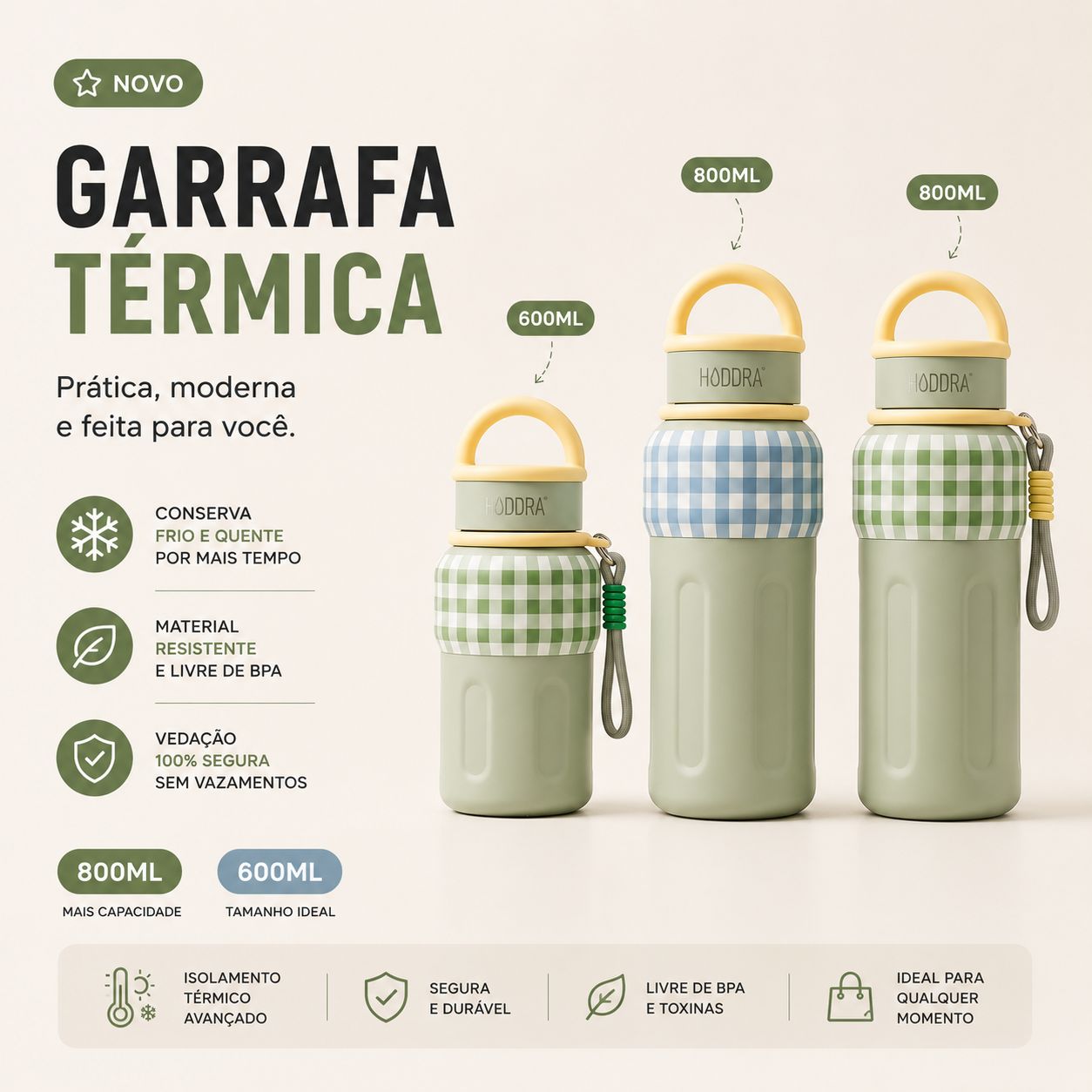 Garrafa Térmica Hiddra EDIÇÃO COPA DO MUNDO - 800ml | Xadrez Verde
