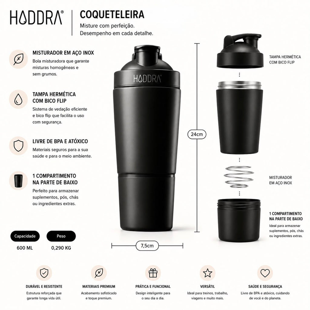 Coqueteleira 600ml Hiddra Motion - Preto