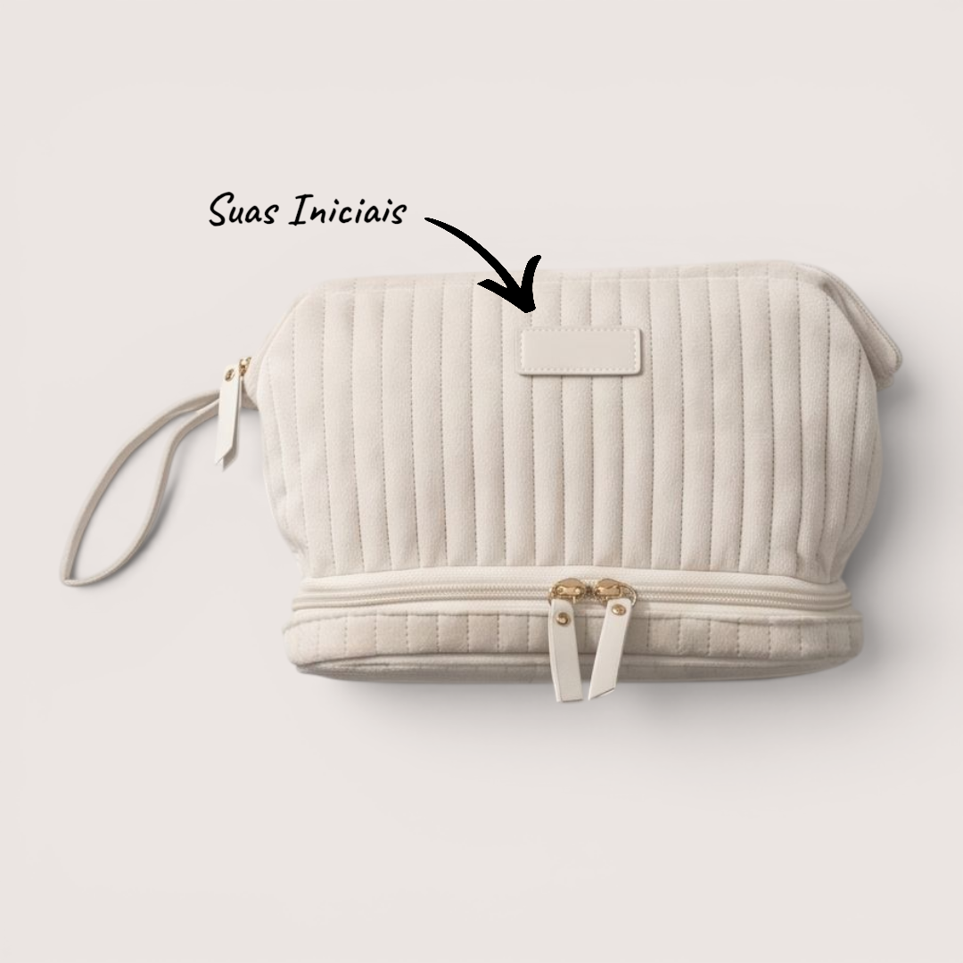 Necessaire Aveludada Cotelê 2 Bolsos com Zíper | Creme