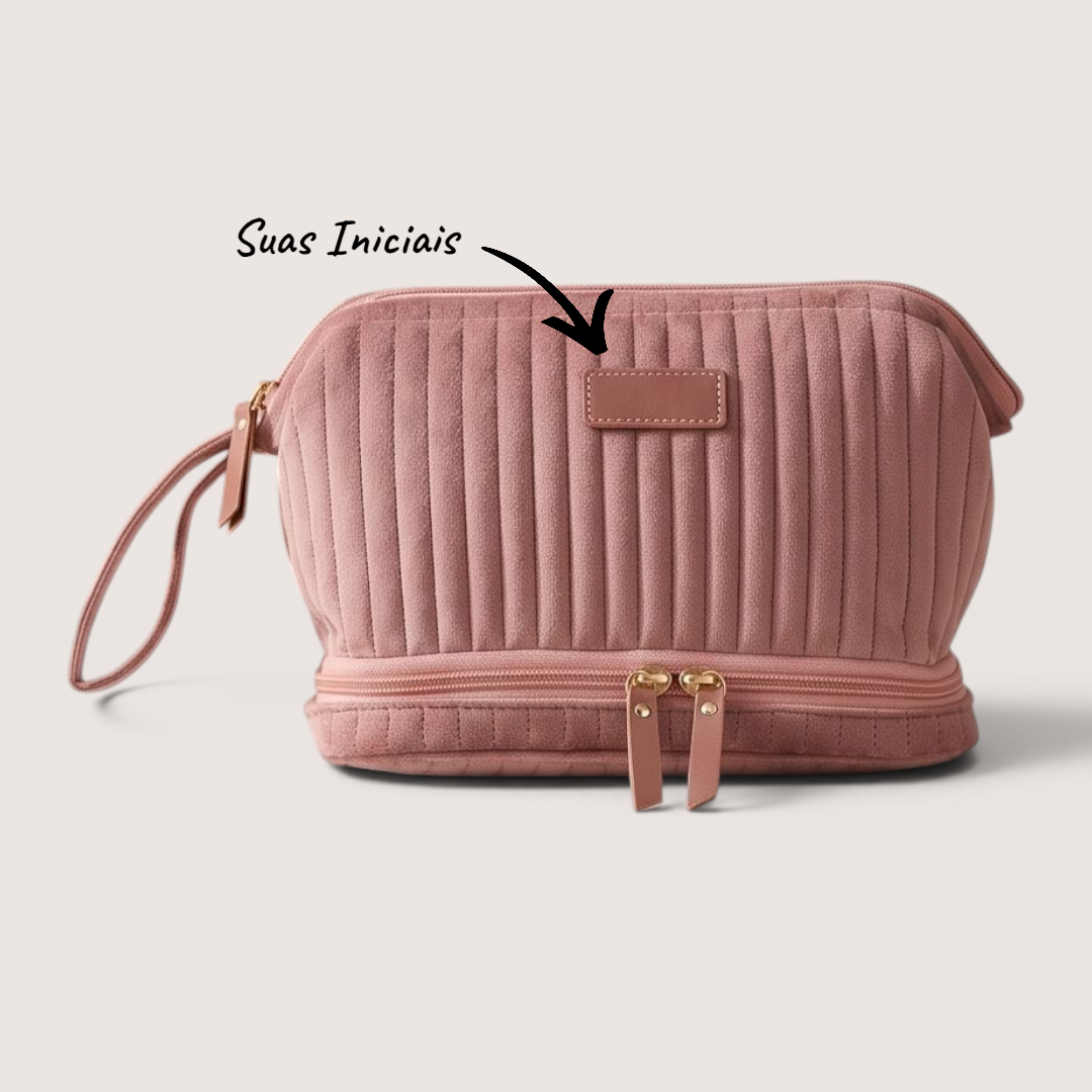 Necessaire Aveludada Cotelê 2 Bolsos com Zíper | Rosa