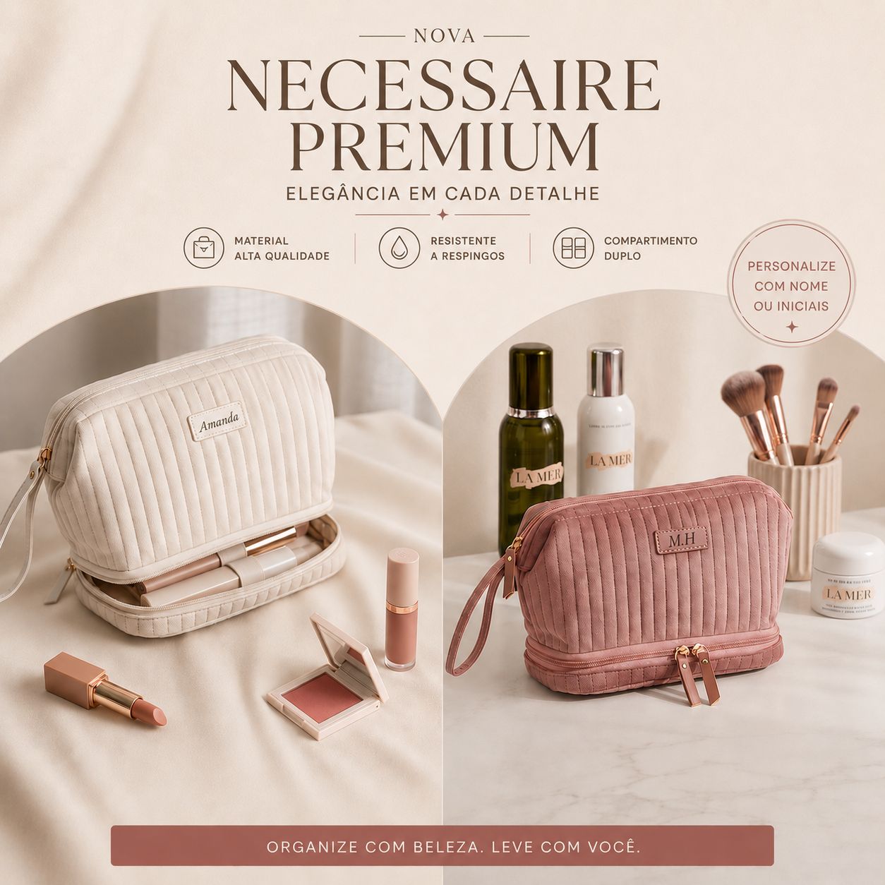 Necessaire Aveludada Matelassê 2 Bolsos com Zíper | Creme