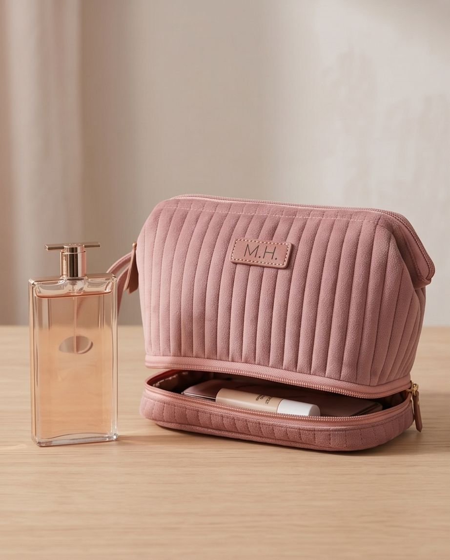 Necessaire Aveludada Cotelê 2 Bolsos com Zíper | Rosa