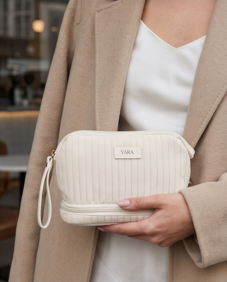 Necessaire Aveludada Cotelê 2 Bolsos com Zíper | Creme