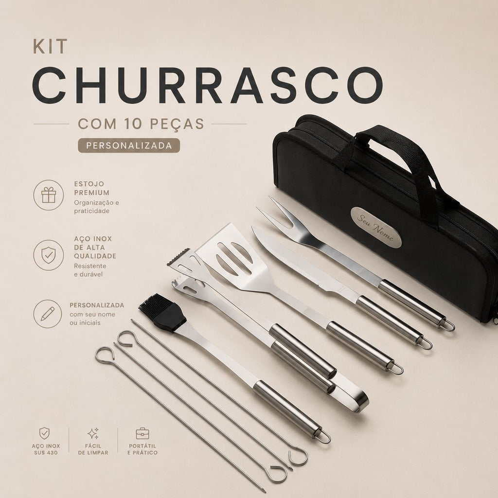 Kit Churrasco 9 Peças em Inox com Estojo
