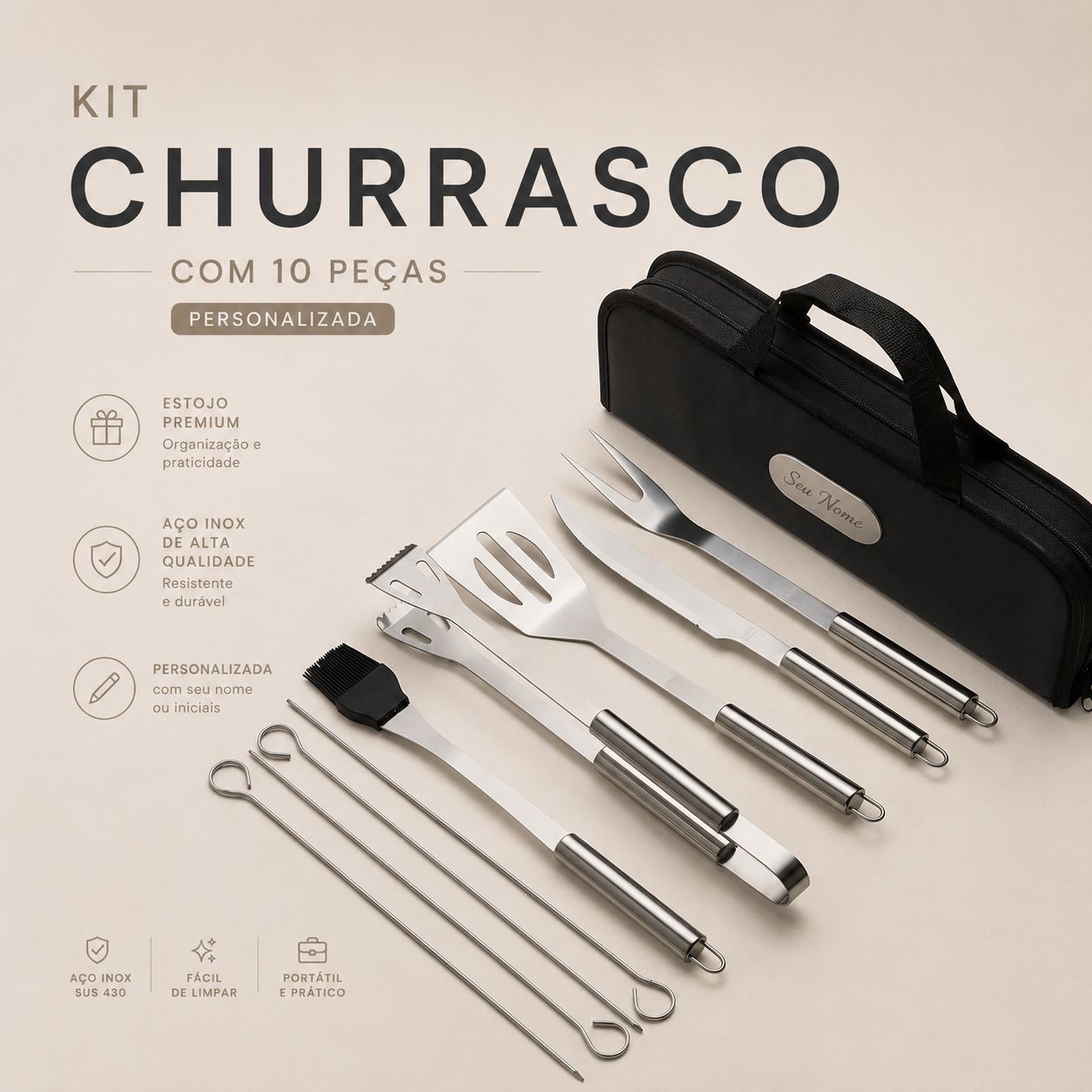 Kit Churrasco 9 Peças em Inox com Estojo