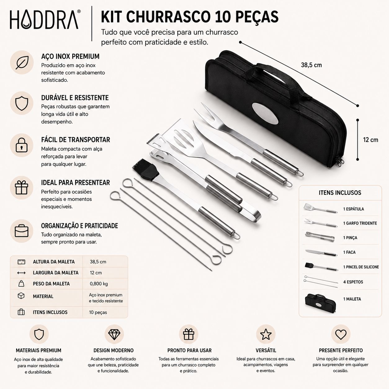 Kit Churrasco 9 Peças em Inox com Estojo