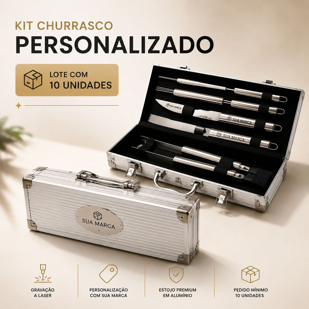 Kit Churrasco 3 Peças Com Maleta de Alumínio | Kit 10 unidades