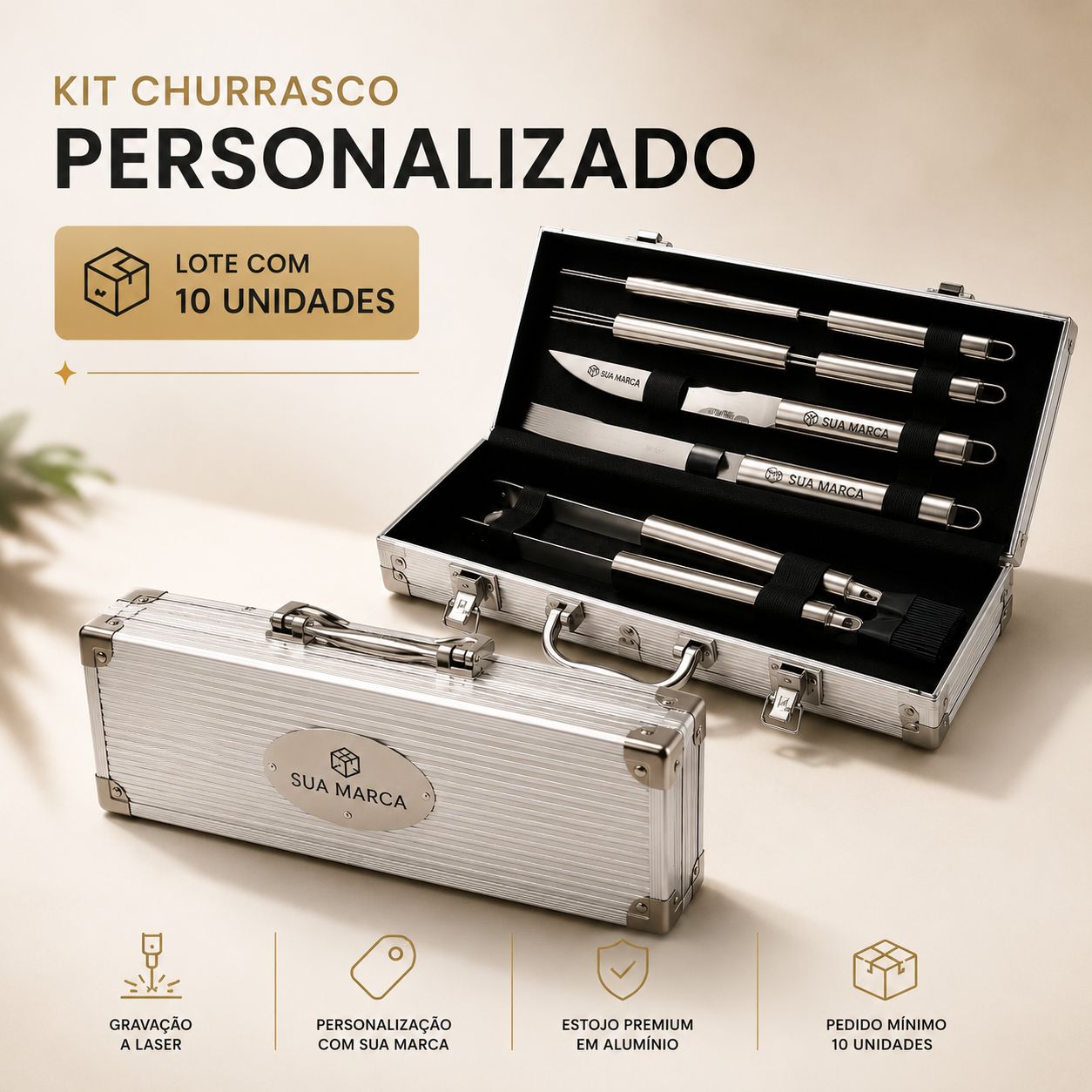 Kit Churrasco 3 Peças Com Maleta de Alumínio | Kit 10 unidades