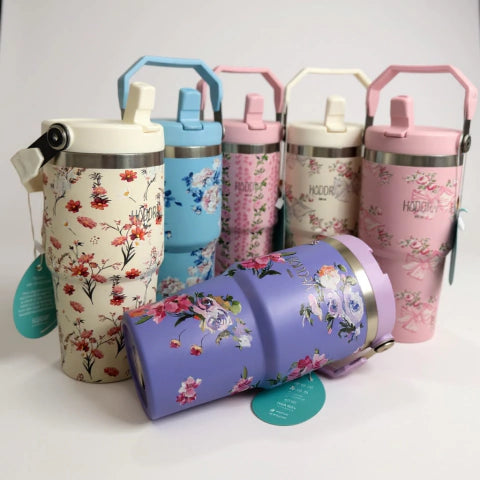 Copo Térmico Hiddra 600ml com Alça e Canudo - Rosa Flor